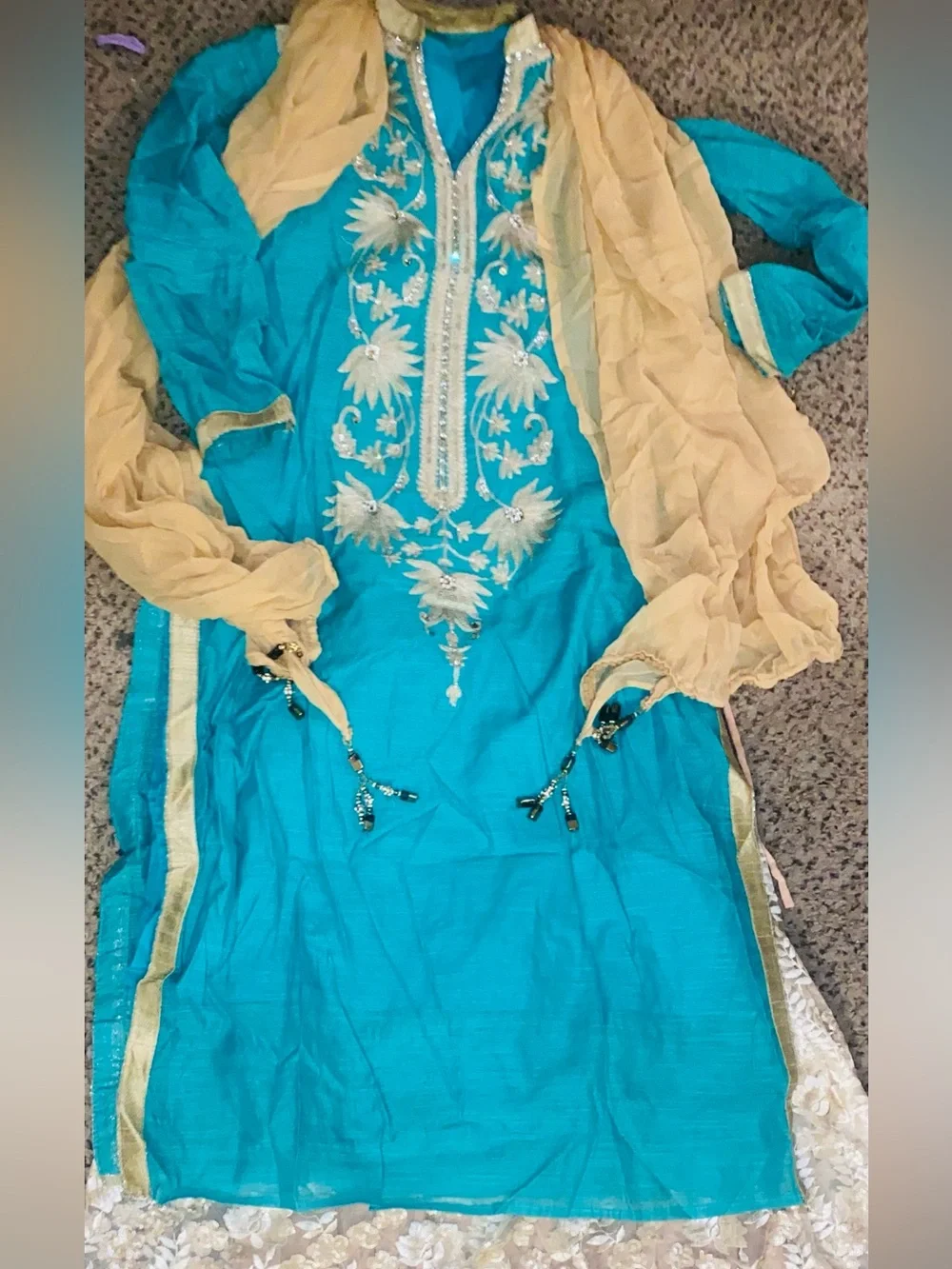 Embroidered Teal Salwar Kameez with Pale Yellow Dupatta